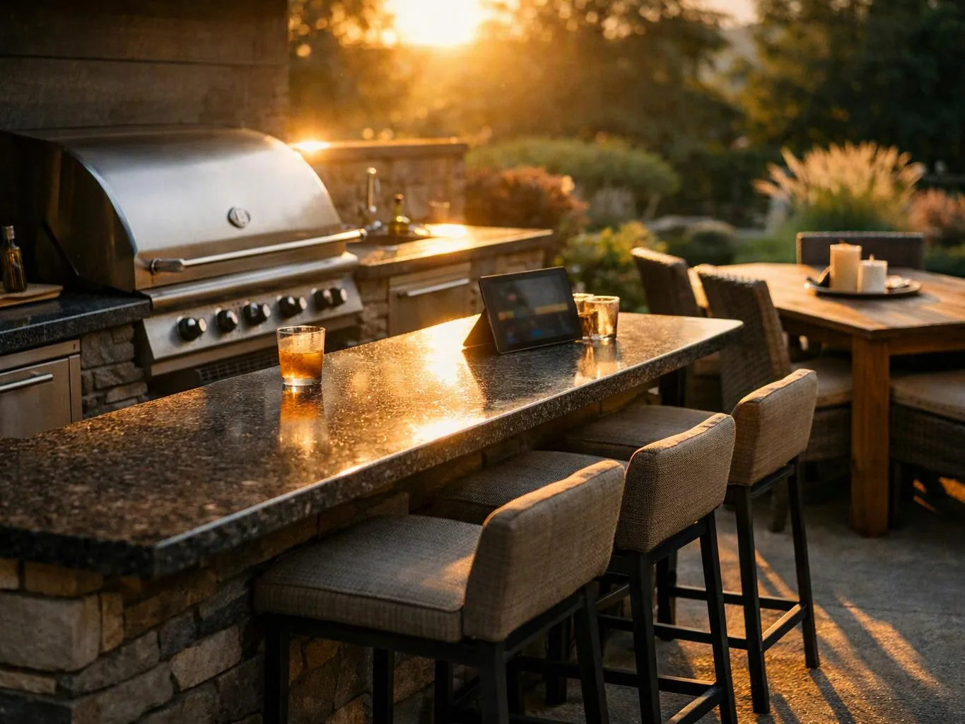 A backyard patio shows a grill, stone bar, stools, and a sunlit dining table with candles