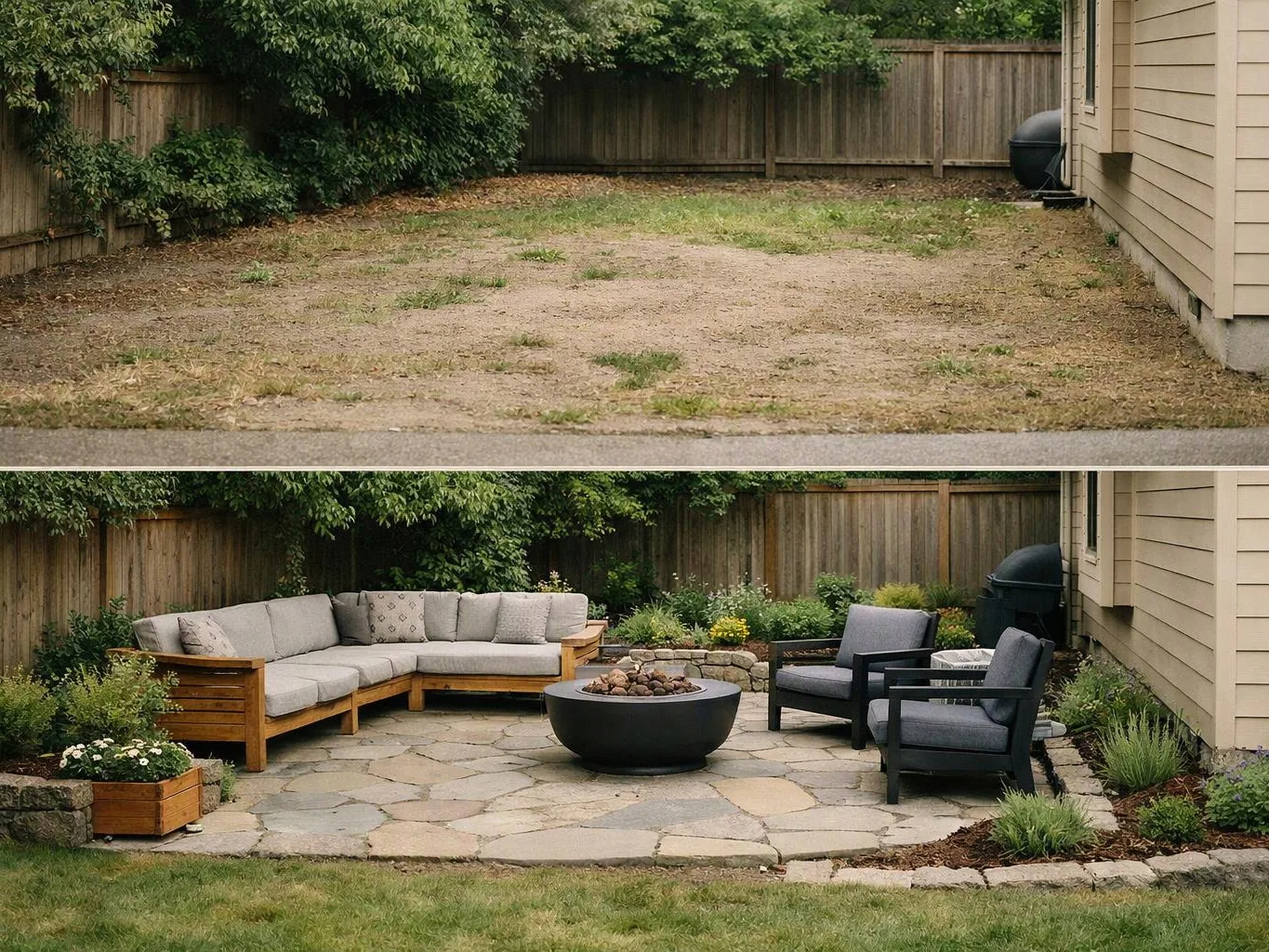 A bare backyard becomes a stone patio with sectional seating, chairs, a fire pit, and garden beds