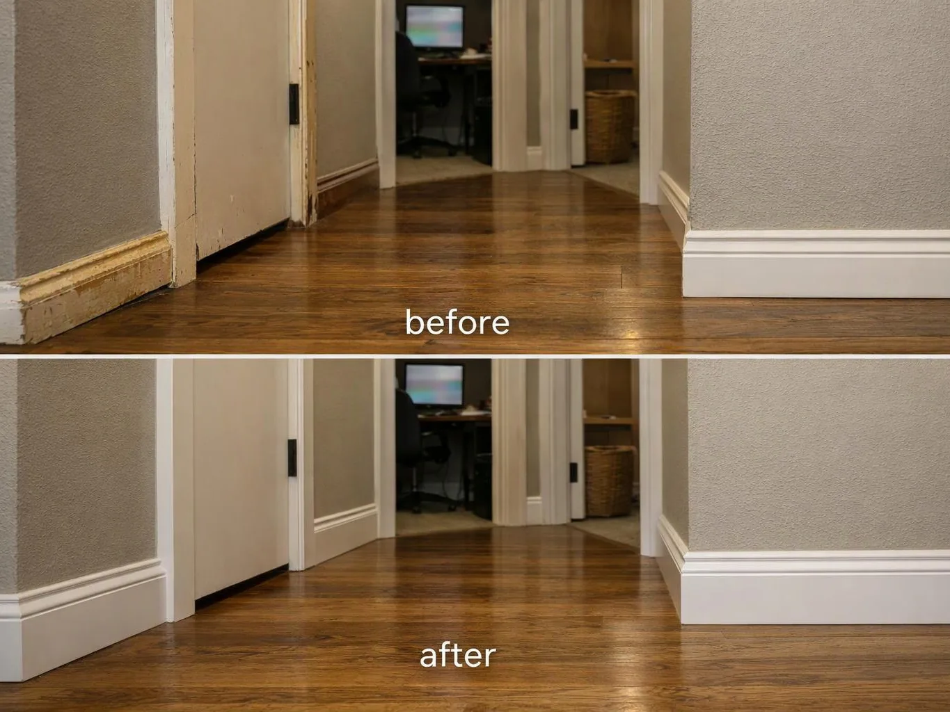 Before and after hallway with wood floors, showing worn and then freshly painted baseboards and trim