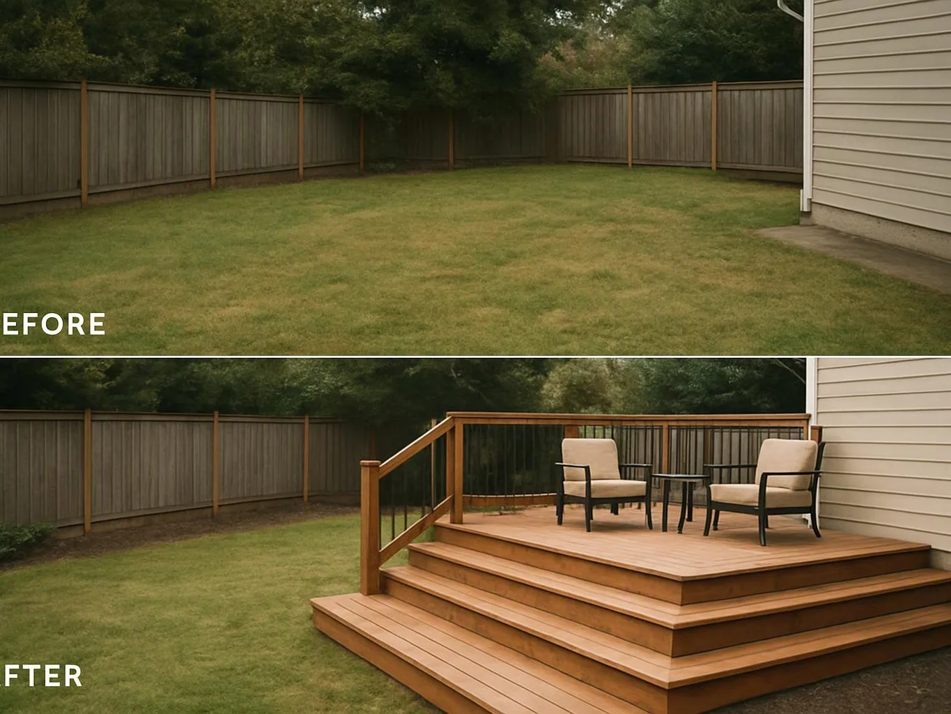 Before and after view of a backyard, with a plain lawn changed into a wooden deck with chairs and a small table