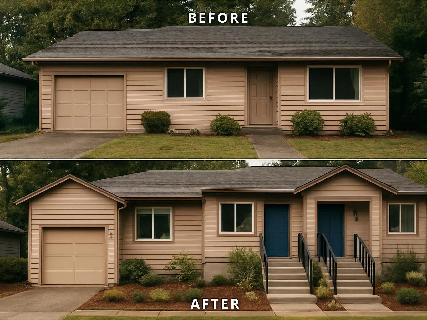 A beige house is shown before and after a remodel, with new porches, blue doors, and updated landscaping