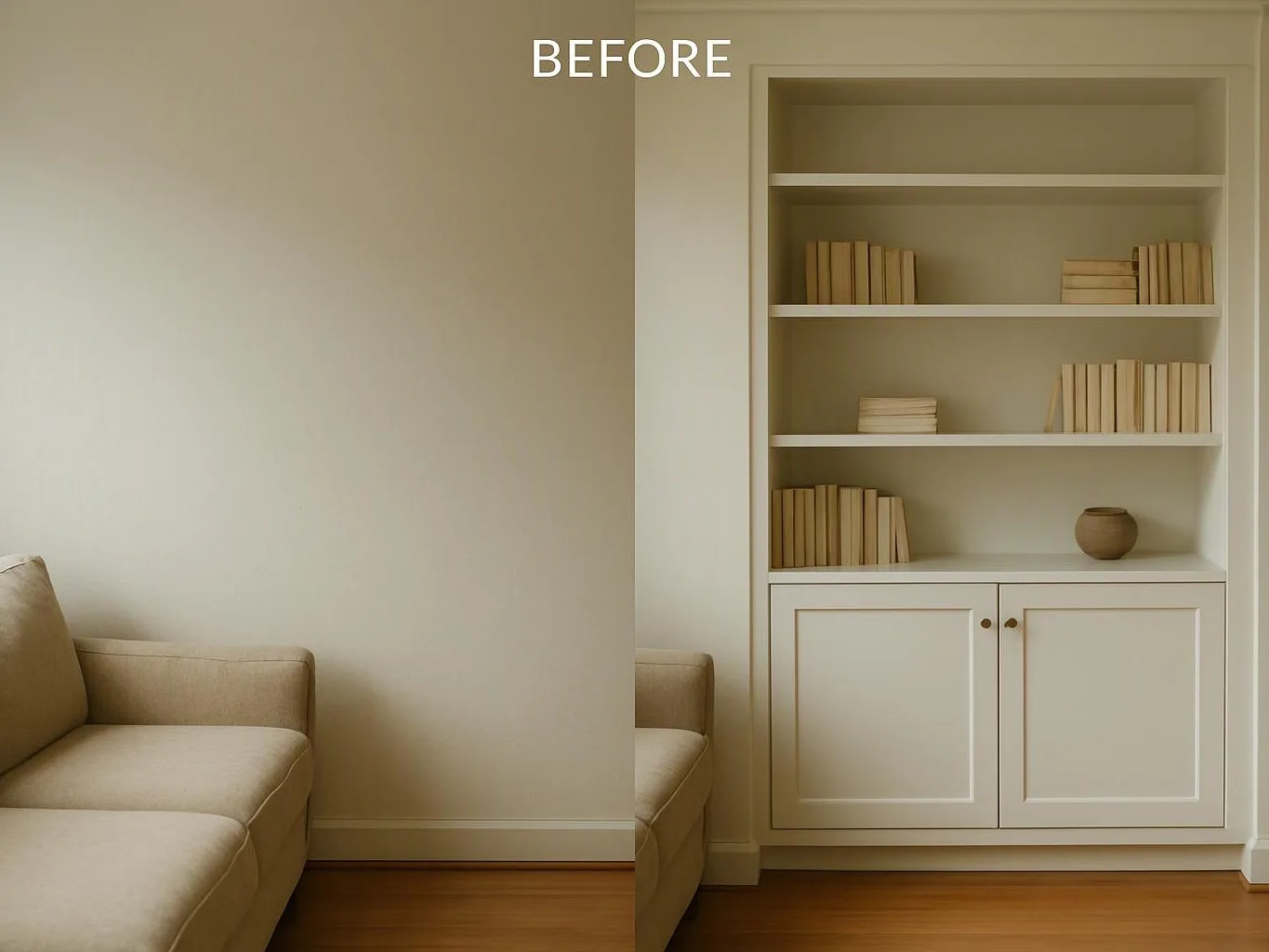 A beige sofa sits beside a built-in bookshelf and cabinet in a quiet room labeled "BEFORE"