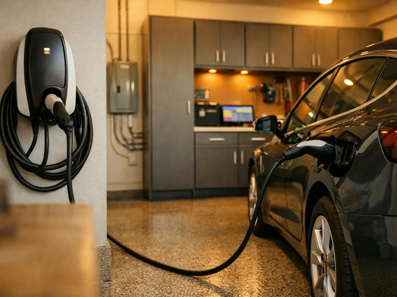A black electric car charges in a garage beside a wall-mounted charging station and cabinets