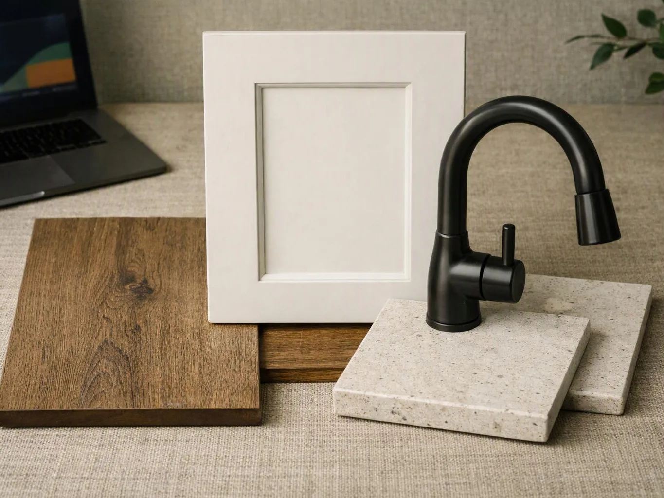 A black faucet sits beside wood and stone samples on a tabletop, with a white frame and laptop nearby