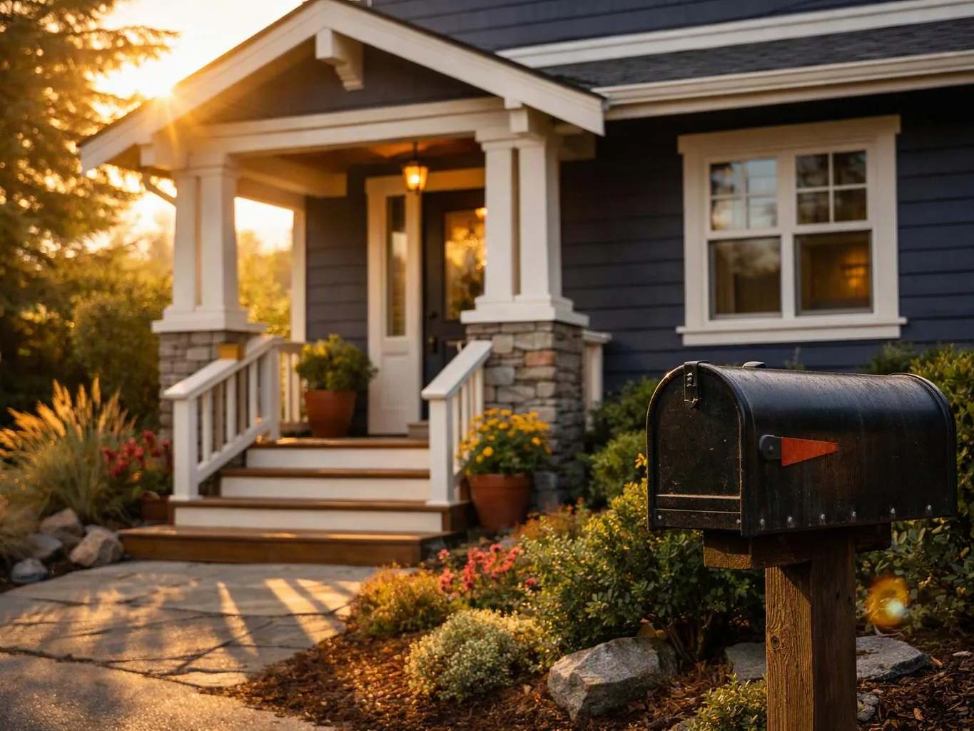 A black mailbox stands beside a sunlit blue house with a front porch and flowered garden