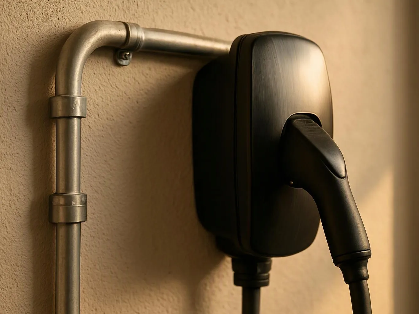 A black wall-mounted charging unit with a cable hangs beside exposed metal piping on a beige wall