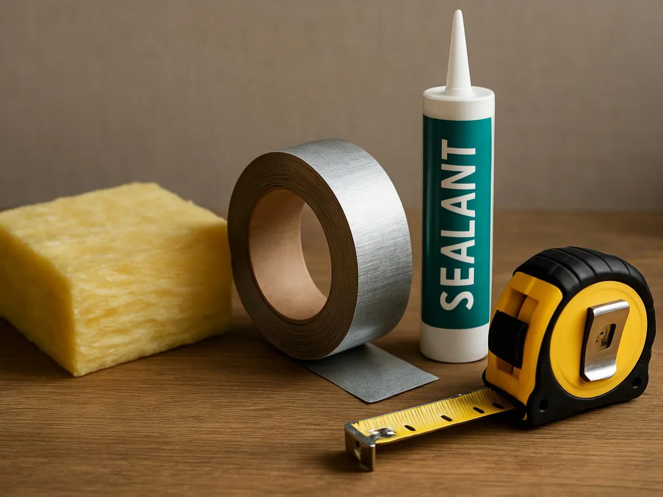 A block of insulation sits beside metal tape, a sealant tube, and a yellow tape measure on a wooden table