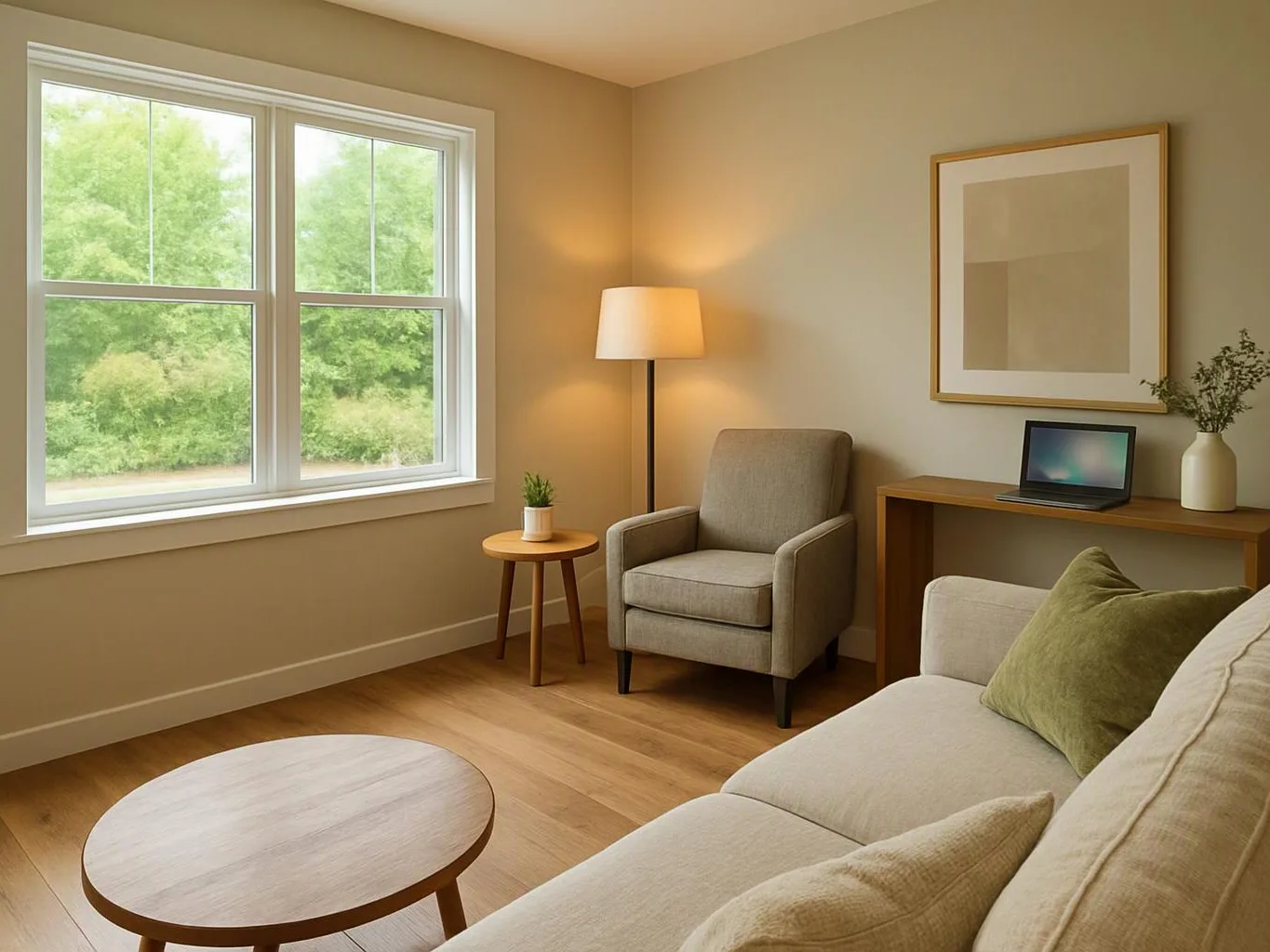 A bright beige living room with a sofa, armchair, lamp, table, and window looking onto green trees