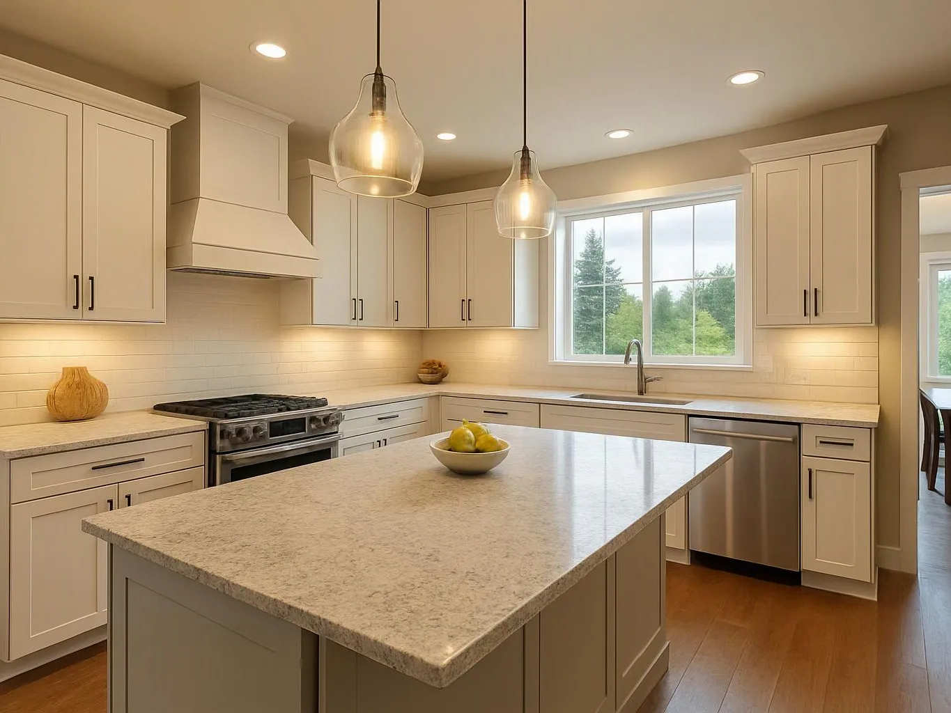 Bright kitchen with white cabinets, a large island, pendant lights, and a window over the sink