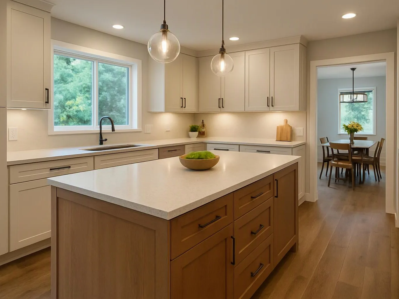 A bright kitchen with a wooden island, white cabinets, pendant lights, and a dining room beyond the doorway