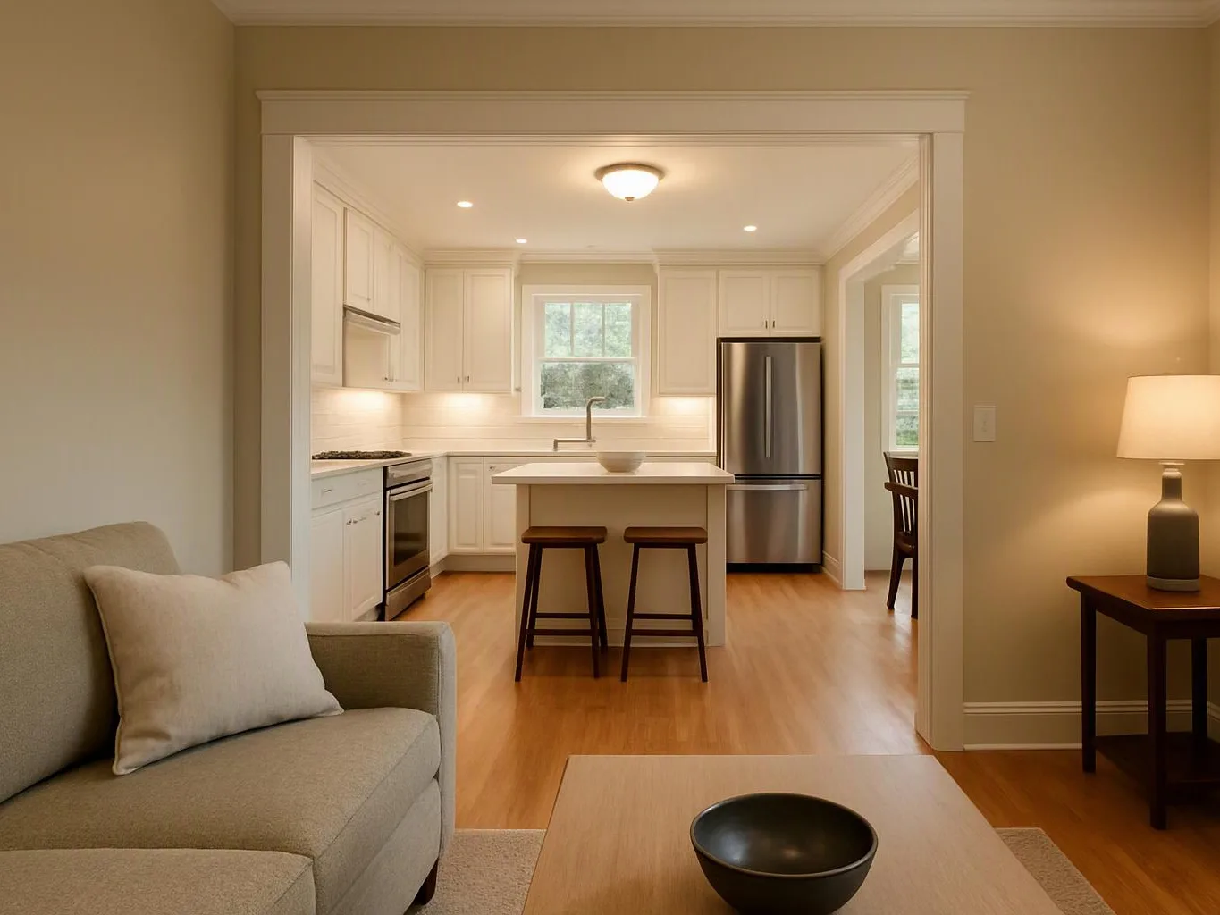A bright living room opens to a white kitchen with an island, stools, and stainless steel appliances