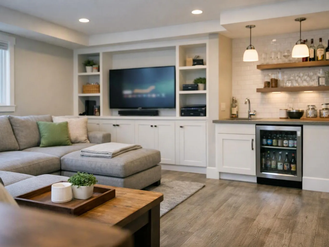 A bright living room shows a gray sectional, wall TV, built-in shelves, and a small home bar area