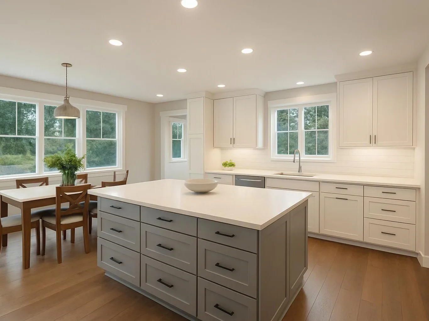 Bright modern kitchen with a large island, white cabinets, wood floors, and a small dining table by the windows