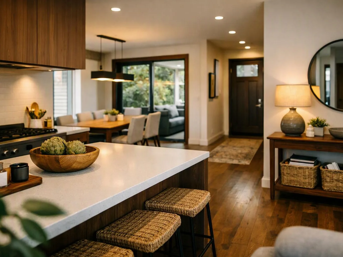 A bright modern kitchen opens into a dining area and living room, with warm wood floors and woven stools