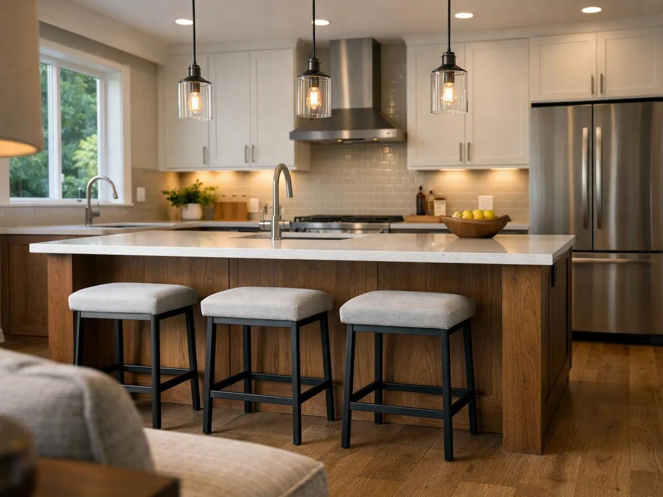 A bright modern kitchen shows a wood island with three stools, pendant lights, and stainless appliances
