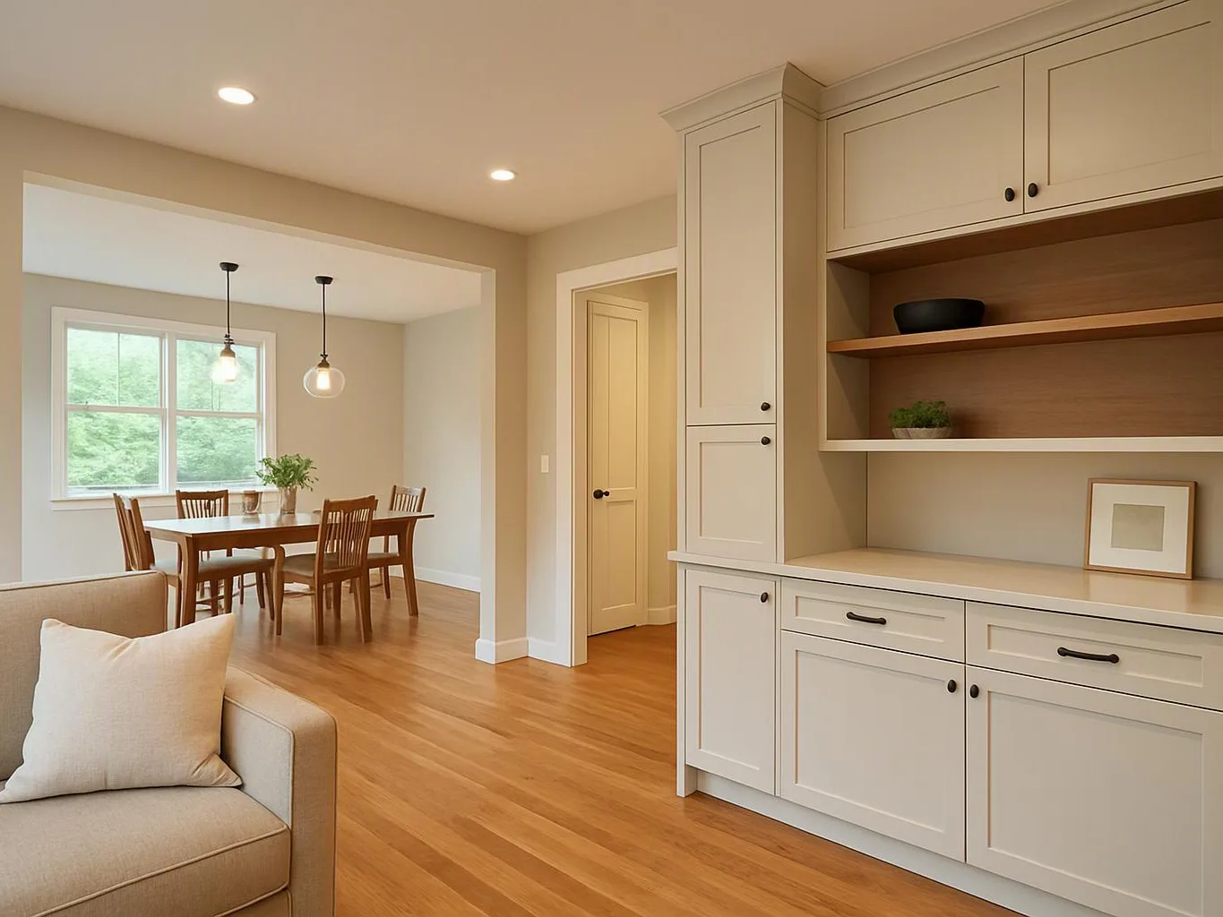 A bright open dining and living area shows wood floors, beige cabinets, a table, and pendant lights