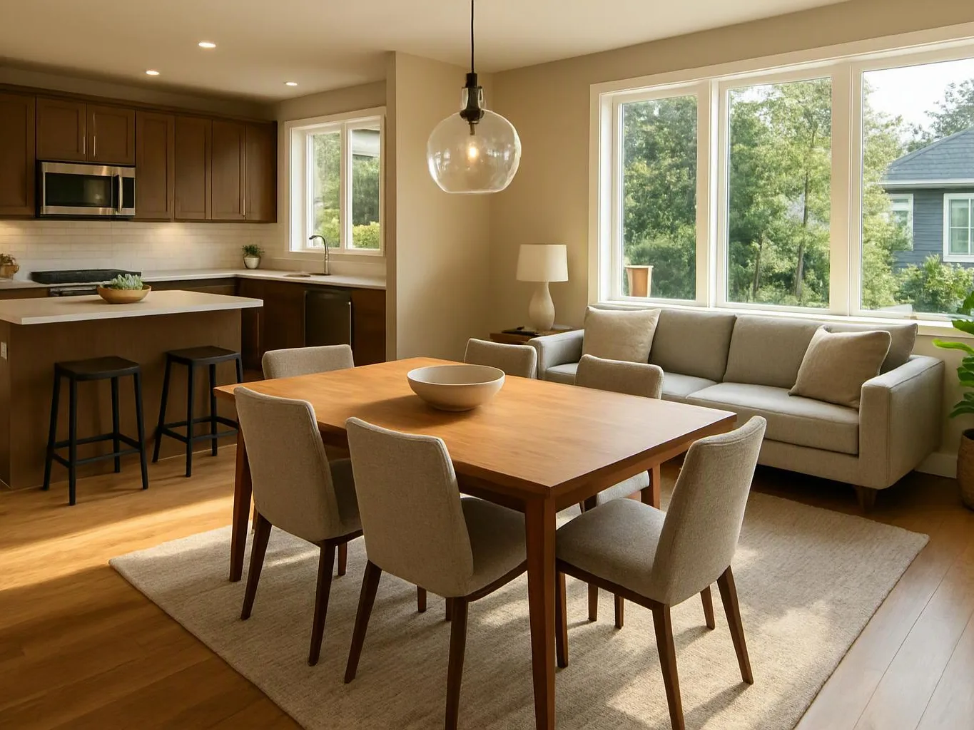 A bright open-plan living and dining room shows a wooden table, beige sofa, and kitchen island by large windows