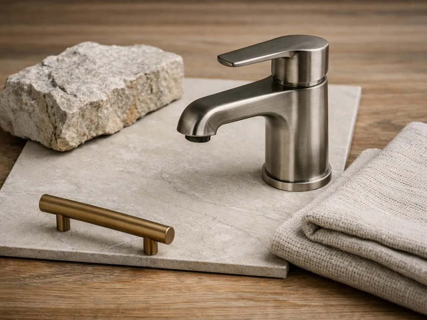 A brushed metal faucet, handle, stone sample, and folded towel sit on a tile display against a wood surface