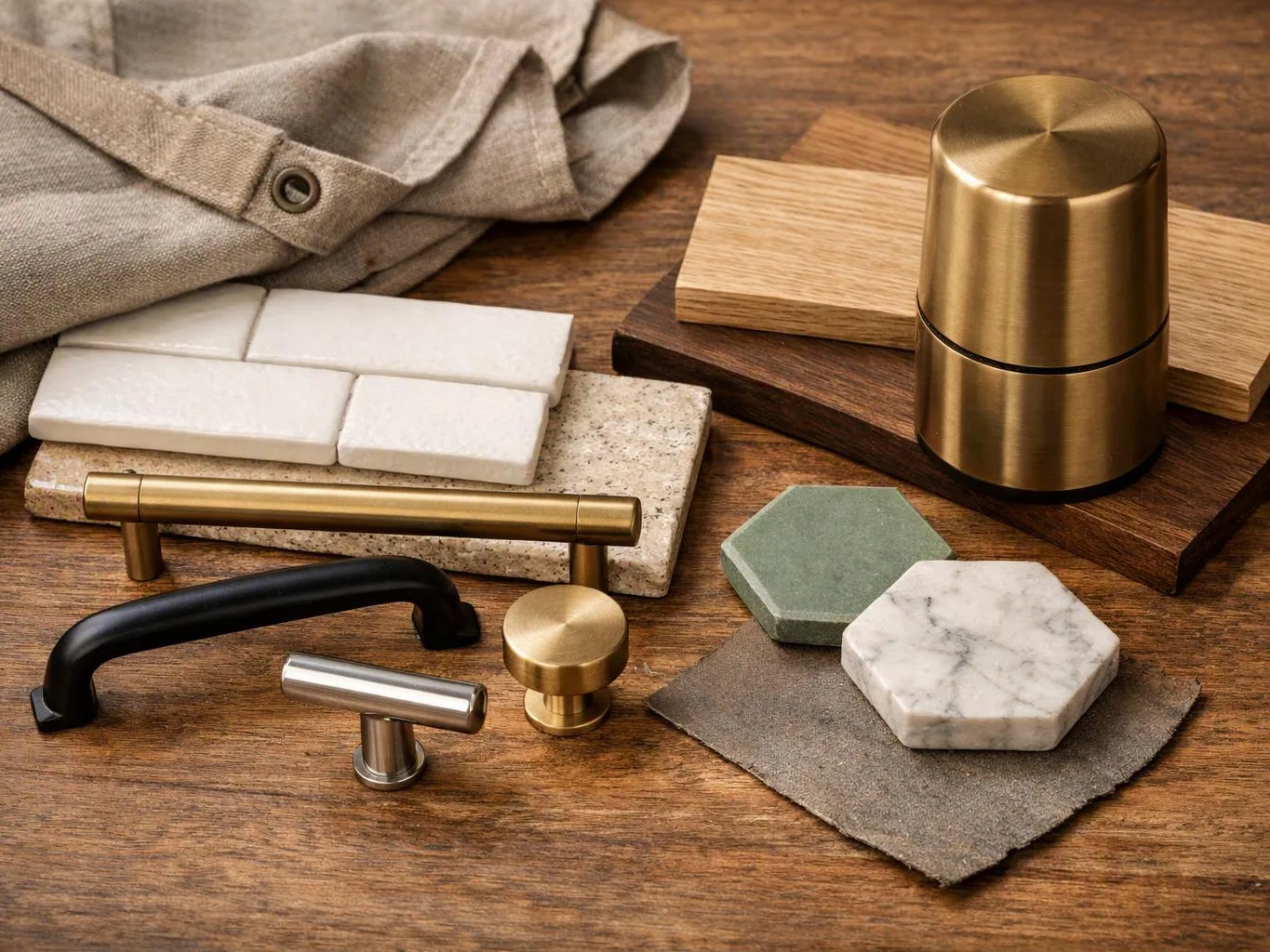 Cabinet handles and knobs, stone samples, and wood swatches are arranged on a wooden table