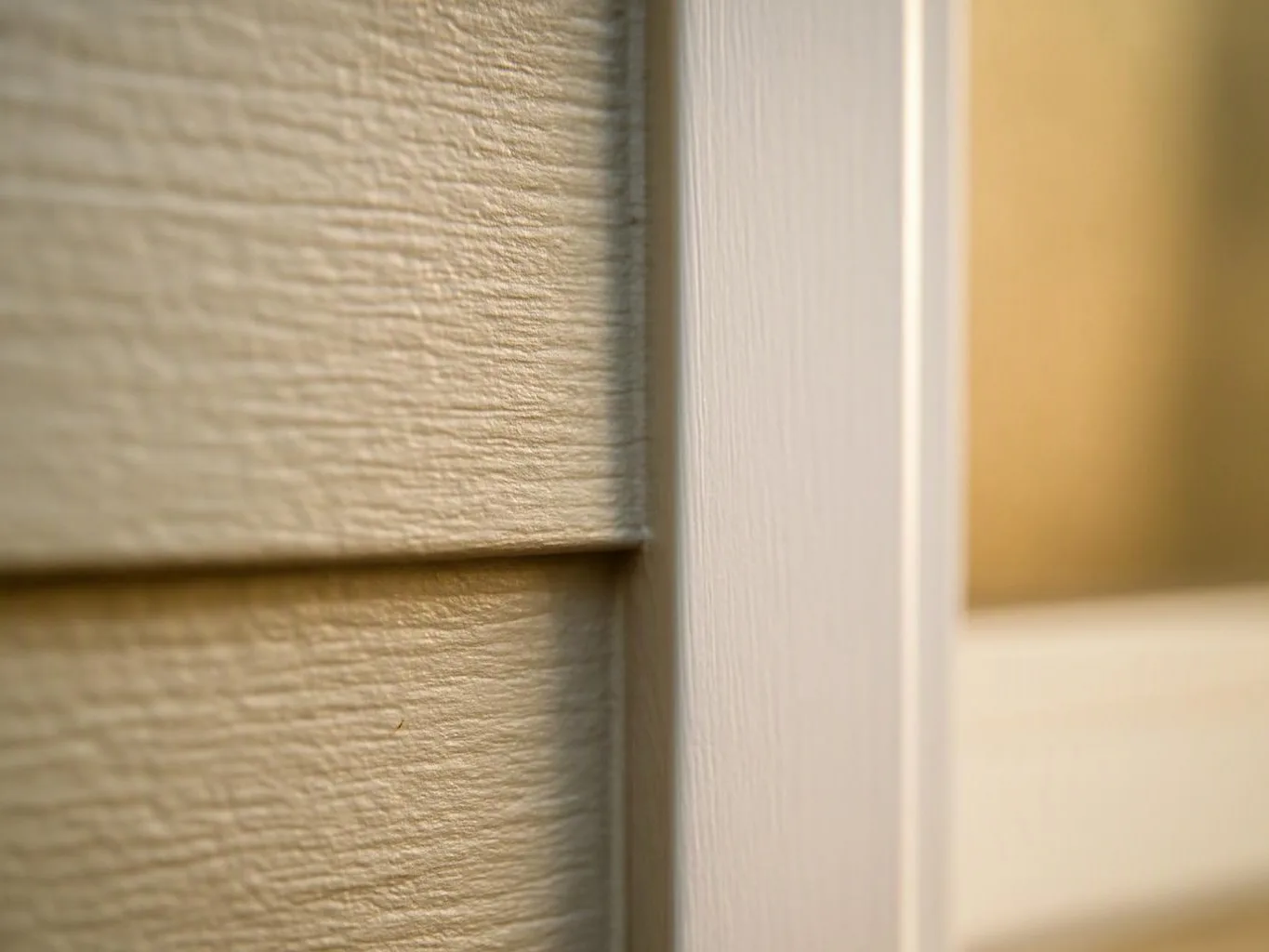 Close-up of beige textured siding beside a white vertical trim with warm light in the background