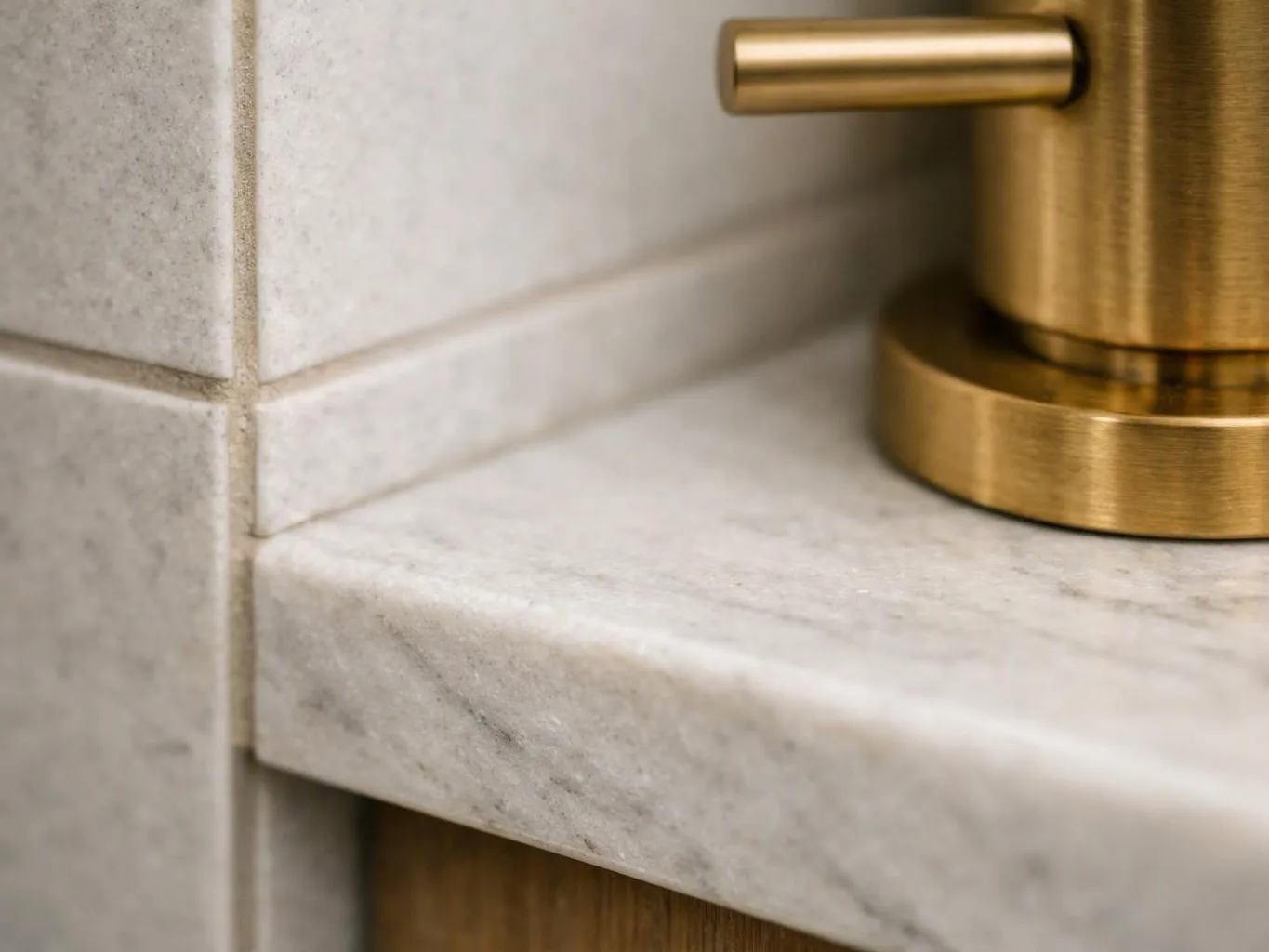 Close-up of a brass fixture beside a marble shelf and tiled wall