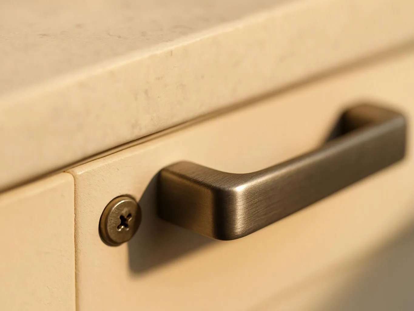 Close-up of a brushed metal drawer handle on a beige cabinet with a visible screw
