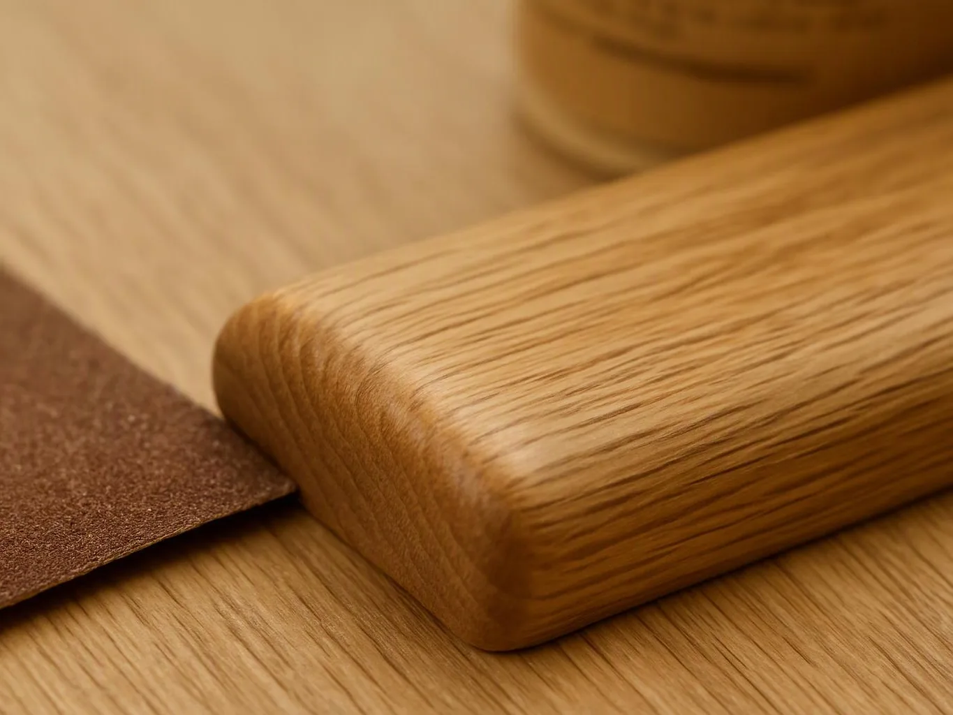 A close-up shows a smooth wooden block beside a sheet of sandpaper on a wood surface