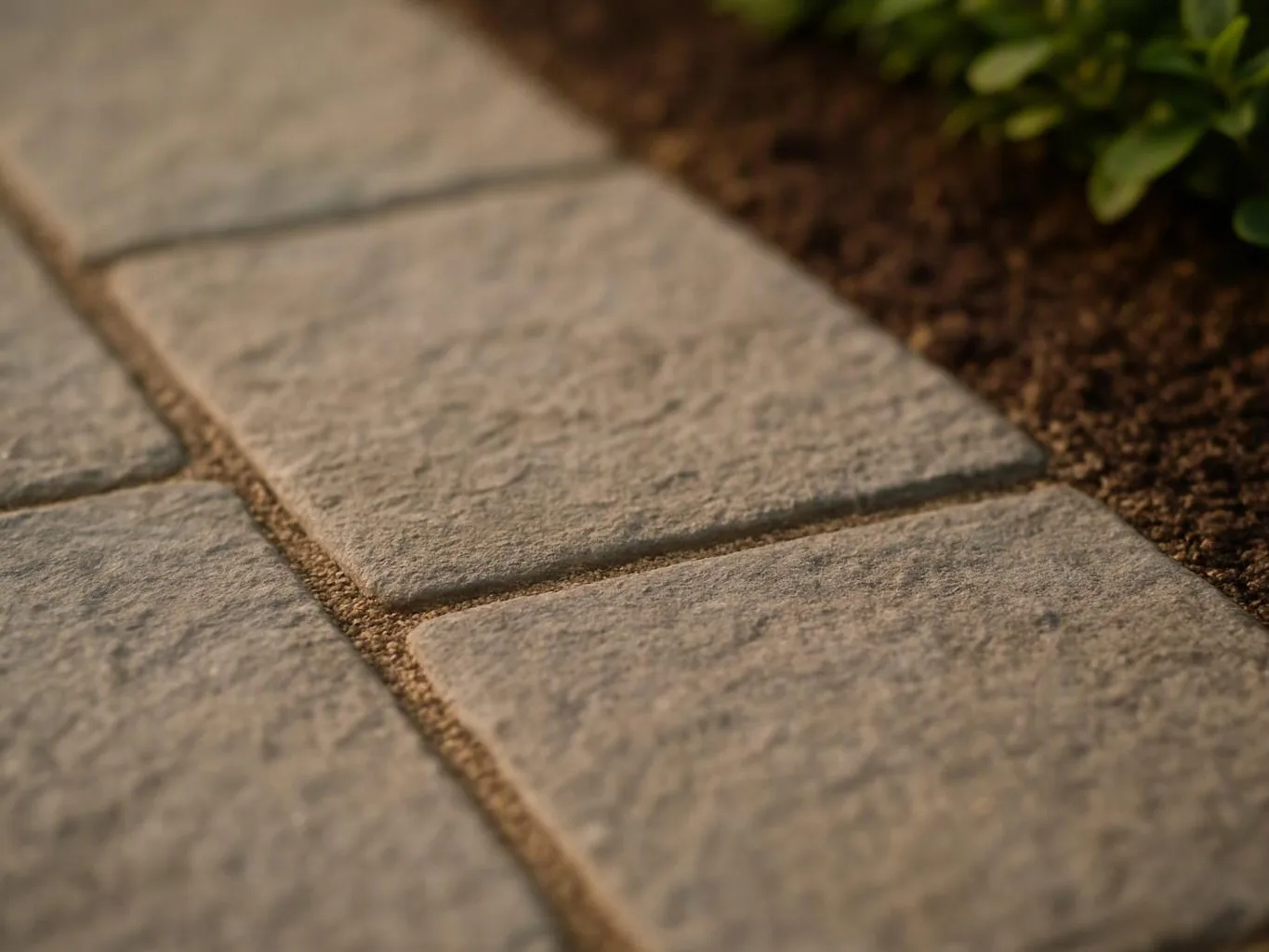 Close-up of stone paving slabs set in gravel beside a strip of green plants