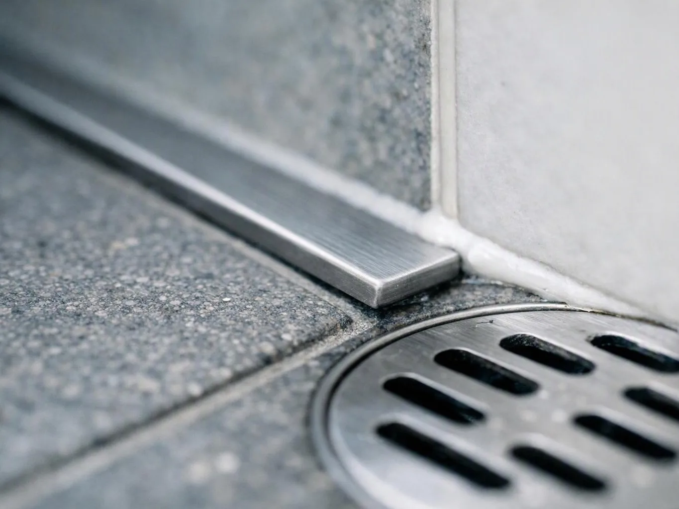 Close-up of a tiled shower floor with a metal drain and a silver threshold strip by the wall