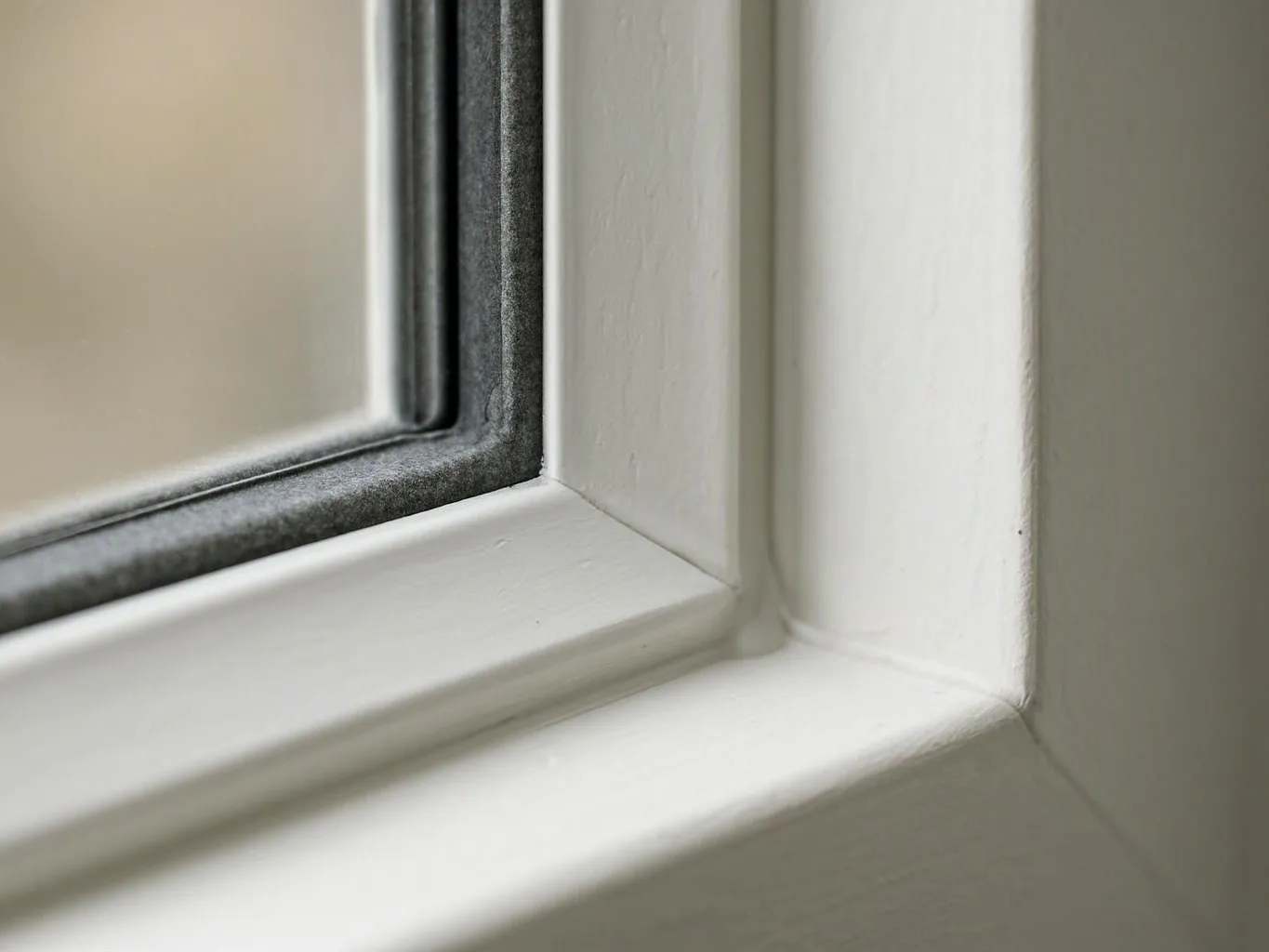 Close-up of a white window frame beside frosted glass and a dark seal inside a room