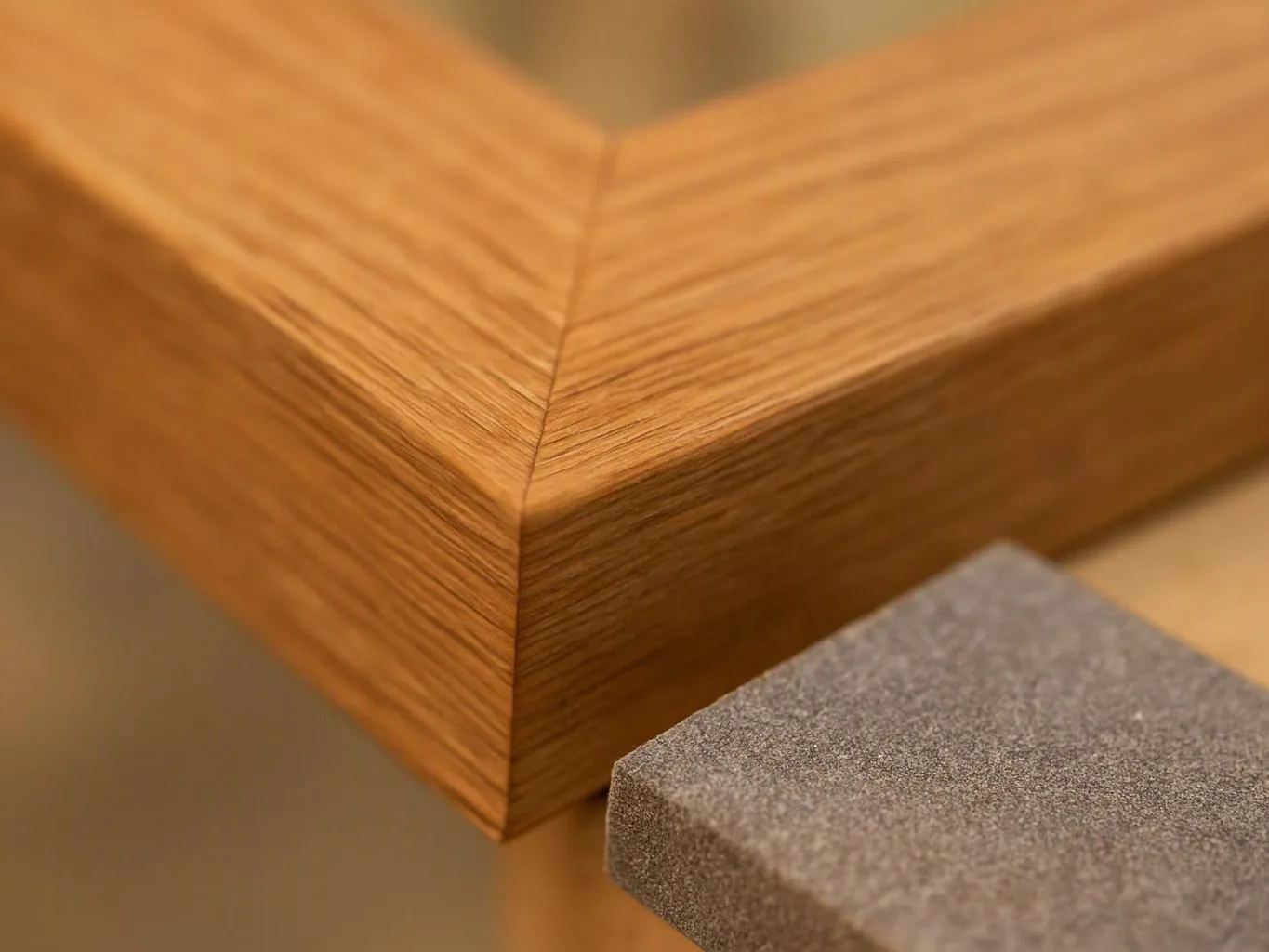 Close-up of a wood corner joint beside a gray textured block on a blurred surface