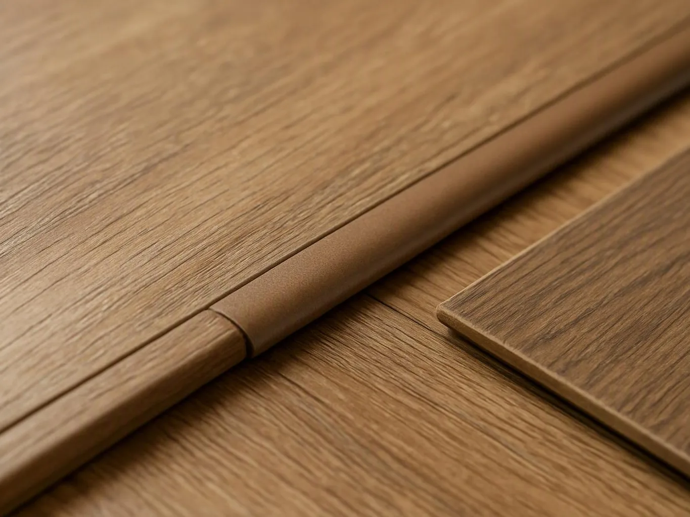 Close-up of wood-grain flooring panels with a narrow seam and a raised edge piece