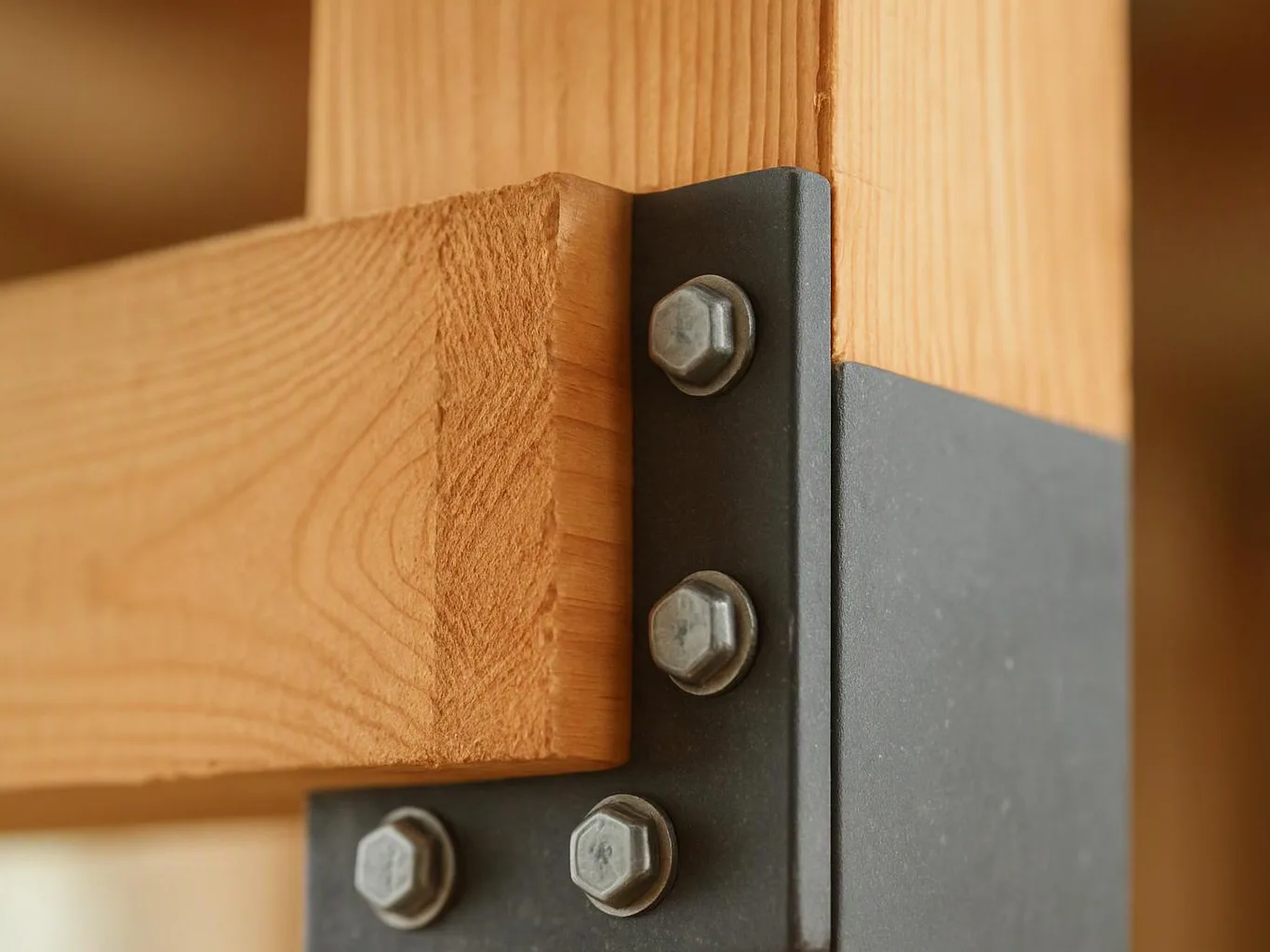 Close-up of wooden beams joined by a black metal bracket with four bolts
