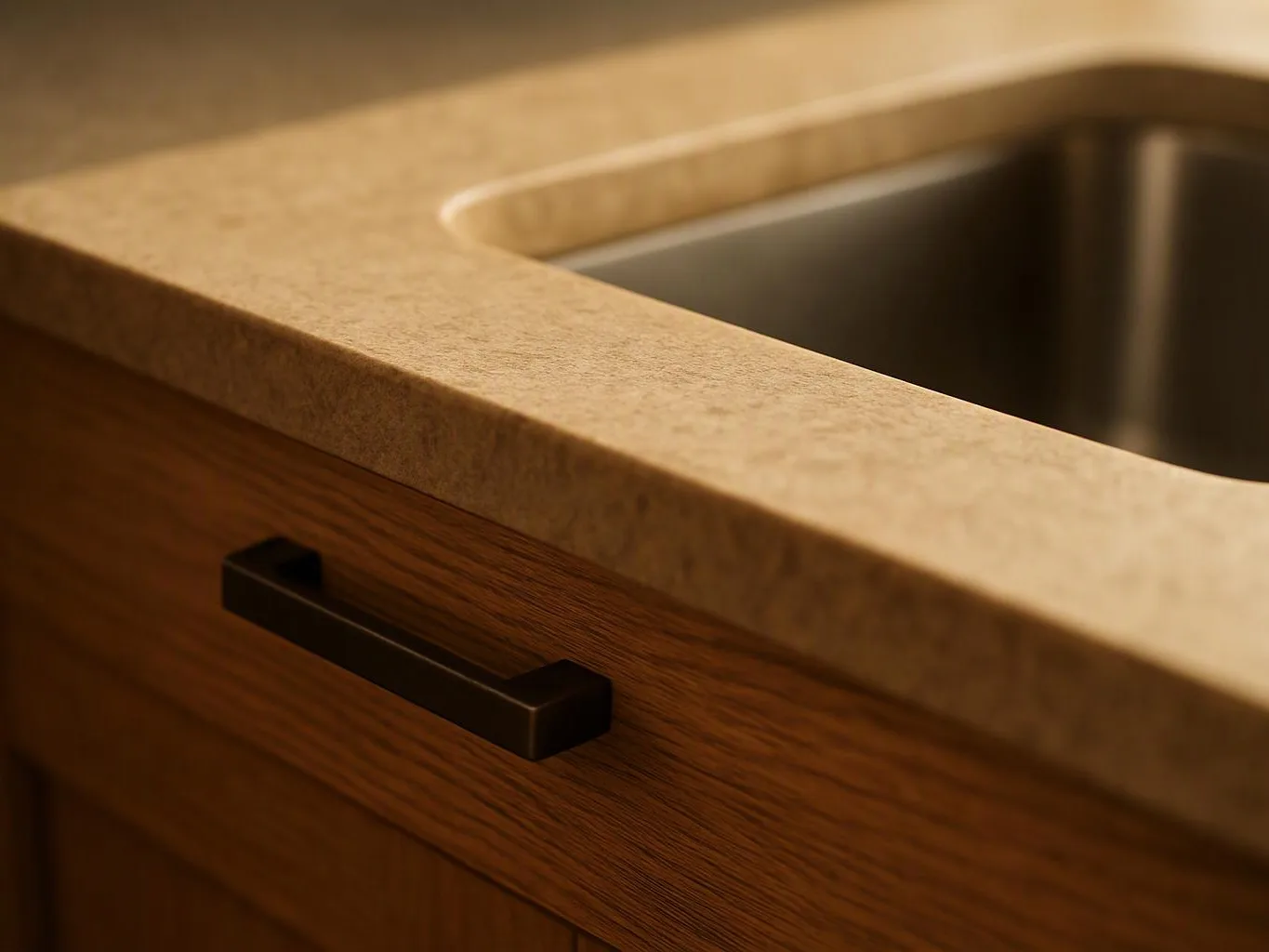 Close-up of a wooden cabinet with a dark handle beneath a beige countertop beside a stainless sink