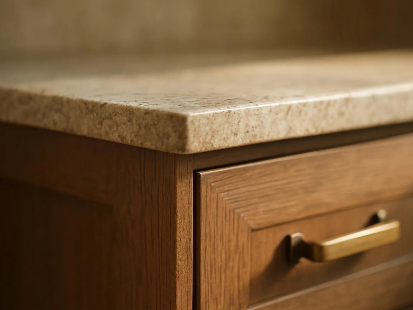 Close-up of a wooden cabinet drawer with a stone countertop and brass handle