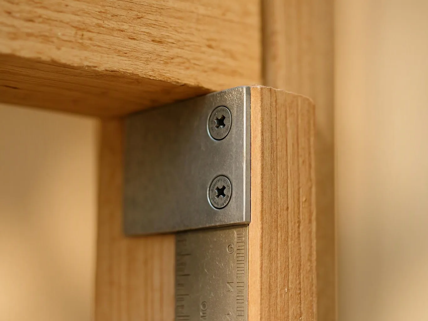 Close-up of a wooden joint secured with a metal bracket and two screws inside a cabinet-like frame