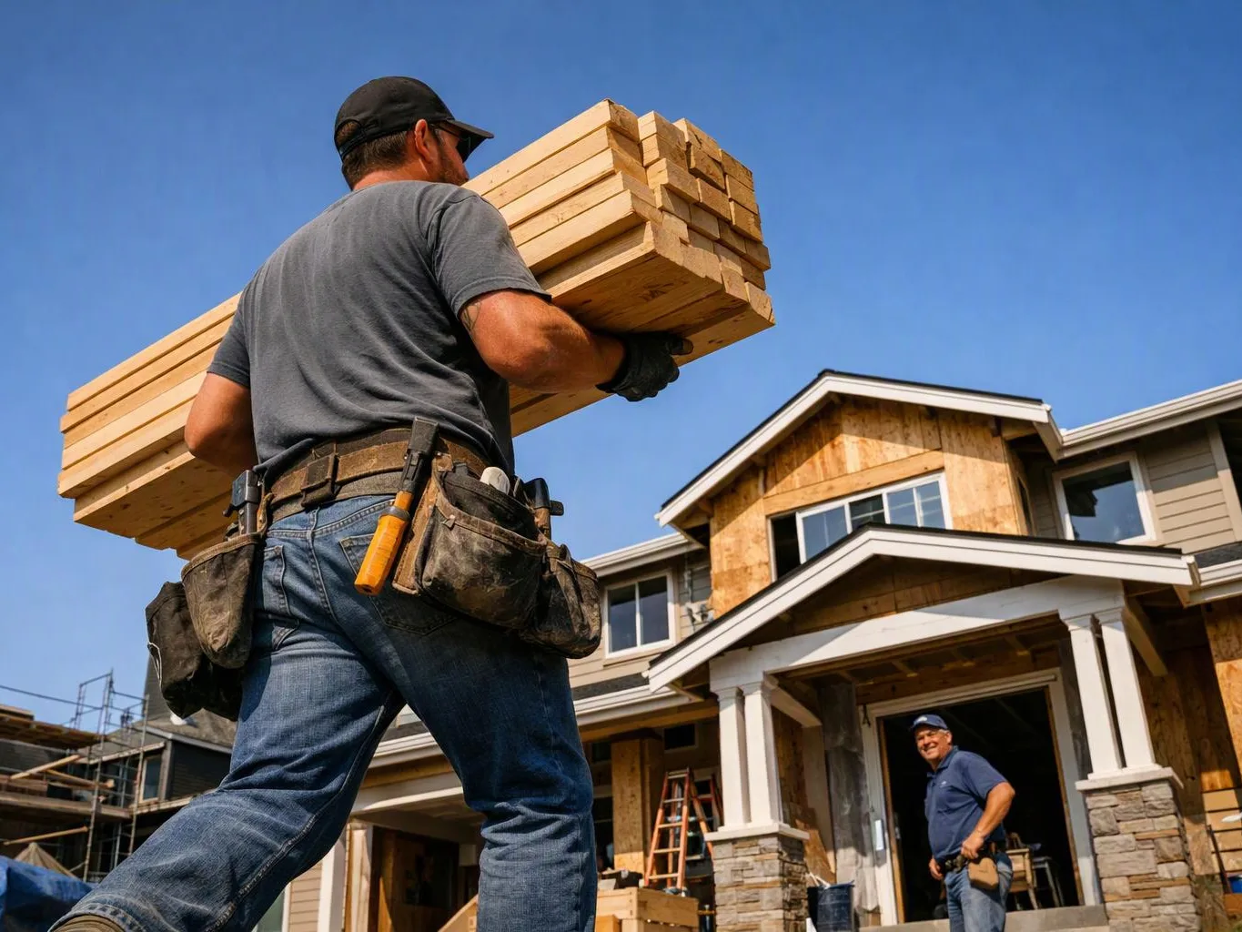 A construction worker carries stacked lumber toward a house under construction while another worker stands by the entrance