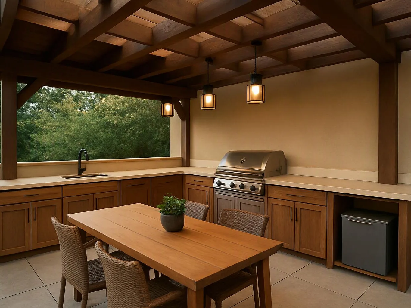A covered outdoor kitchen with wooden beams, a grill, sink, dining table, and hanging lights overlooks trees