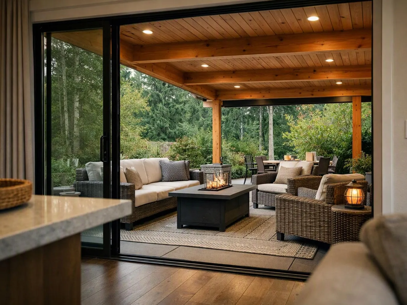 A covered patio with wicker sofas, a fire table, and warm lights sits beside a glass sliding door, backed by trees