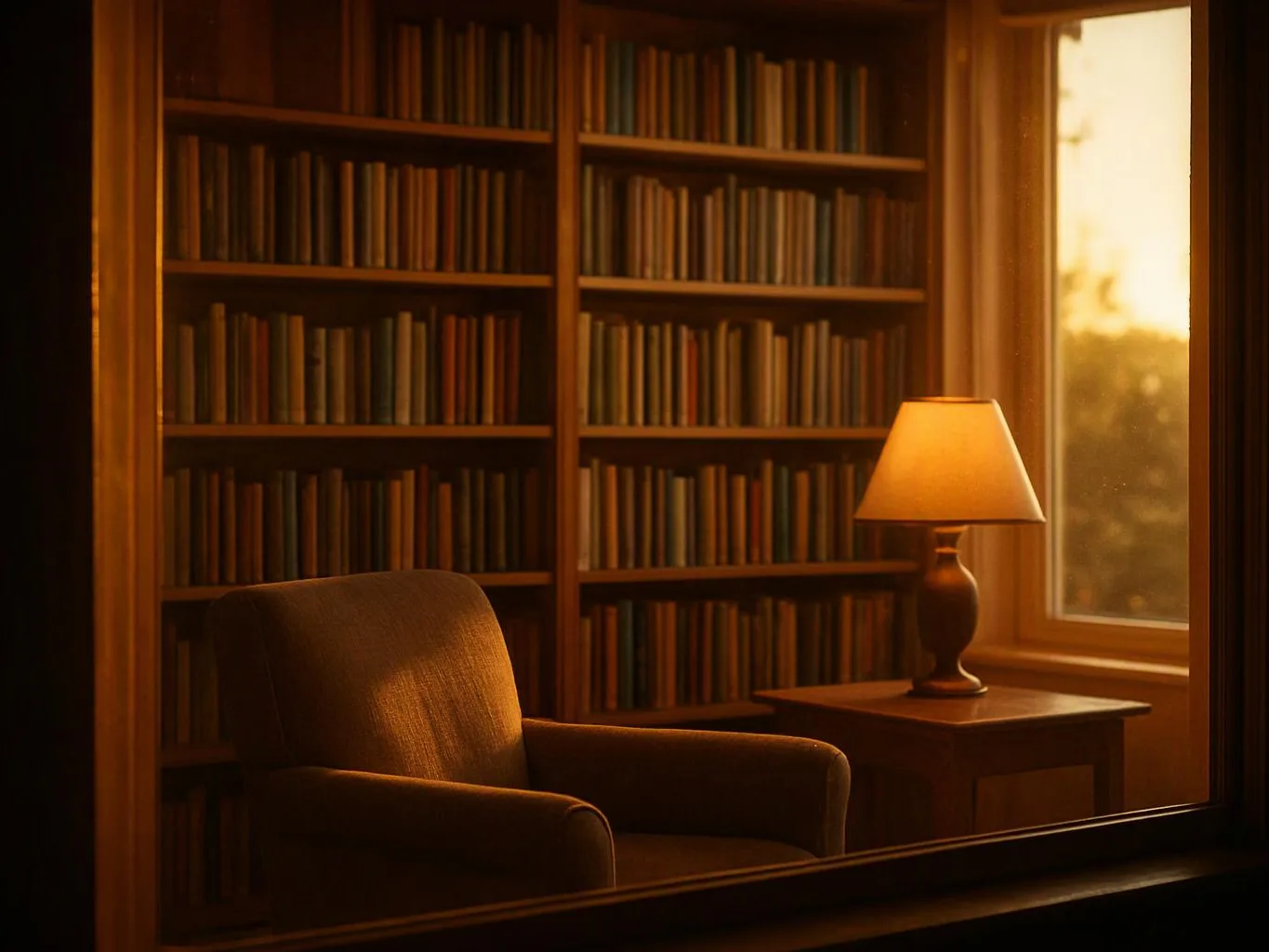 A cozy armchair sits beside a lamp and bookshelf in warm window light