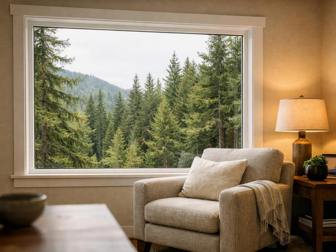 A cozy beige living room looks out through a large window at a forested mountain view