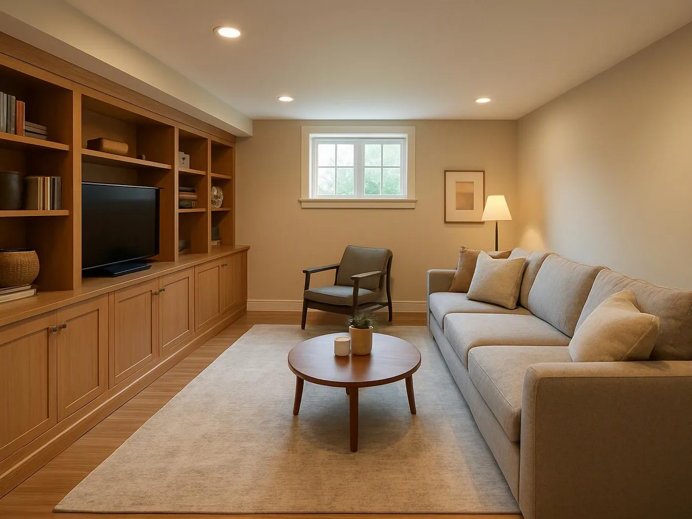 A cozy living room has a gray sofa, wooden TV wall, round coffee table, chair, and window lamp