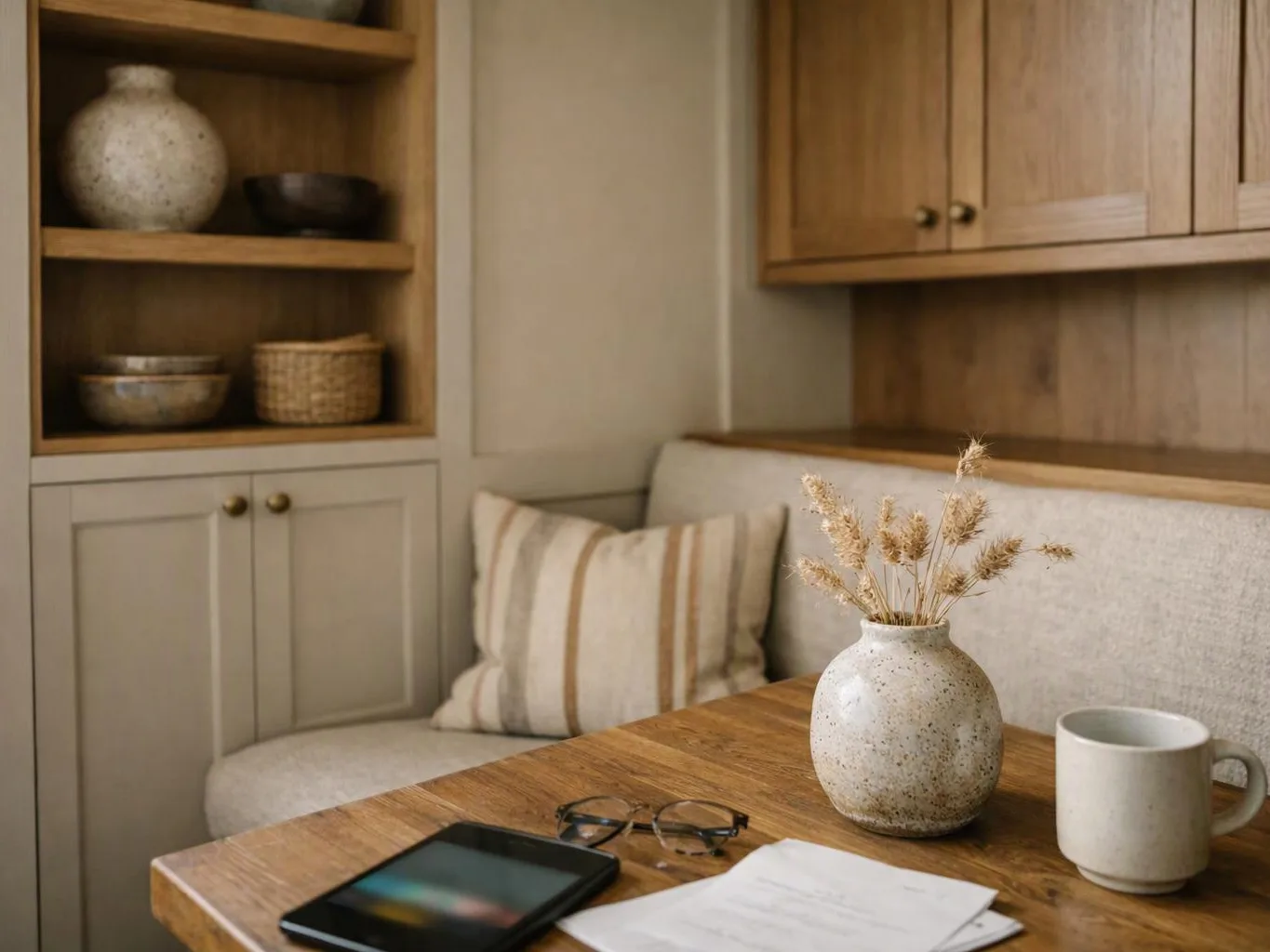 A cozy nook shows a wooden table with a phone, glasses, papers, a mug, and a vase of dried flowers