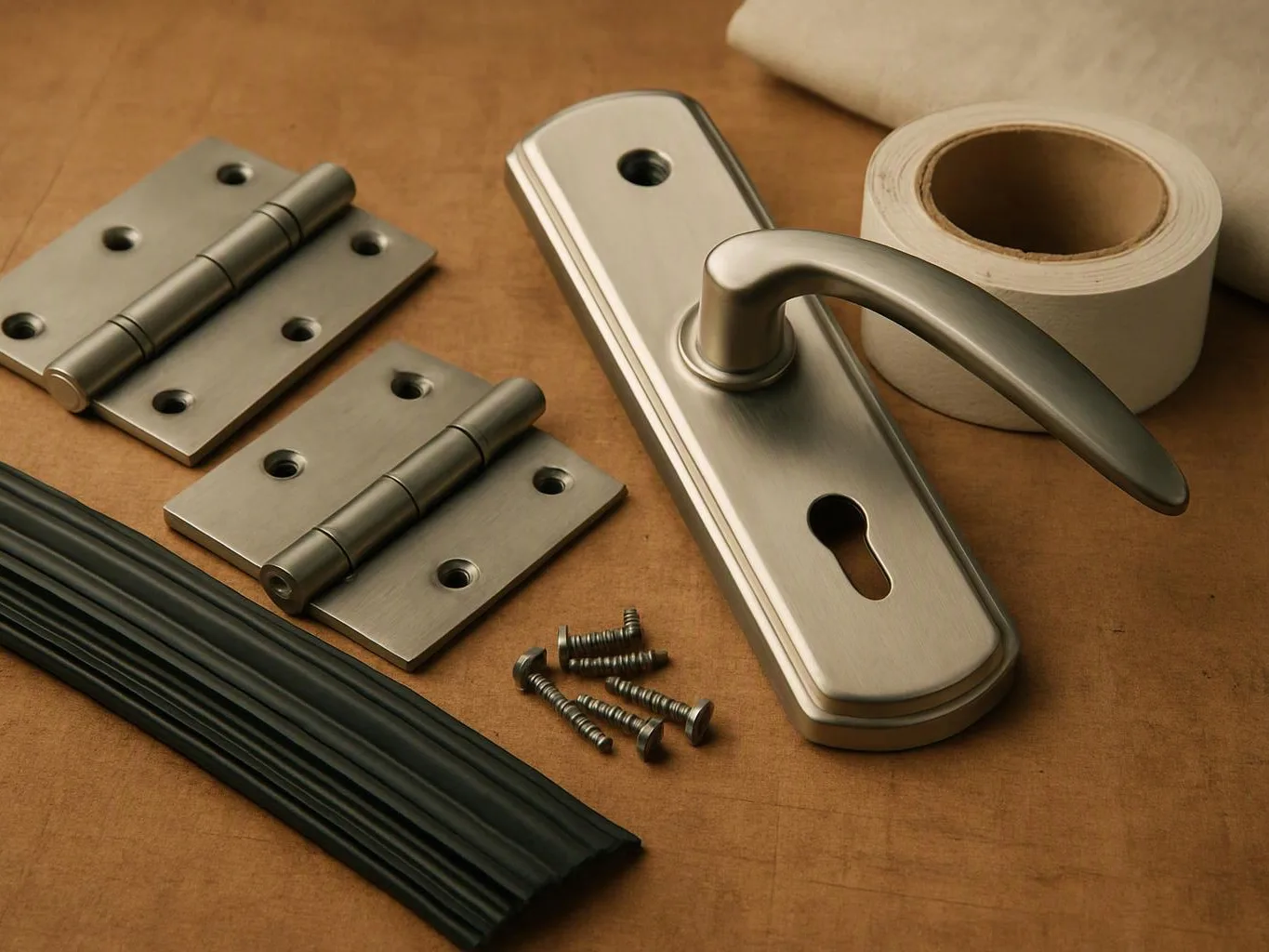 Door handle hardware, two hinges, screws, a roll of tape, and a black strip arranged on a wooden surface