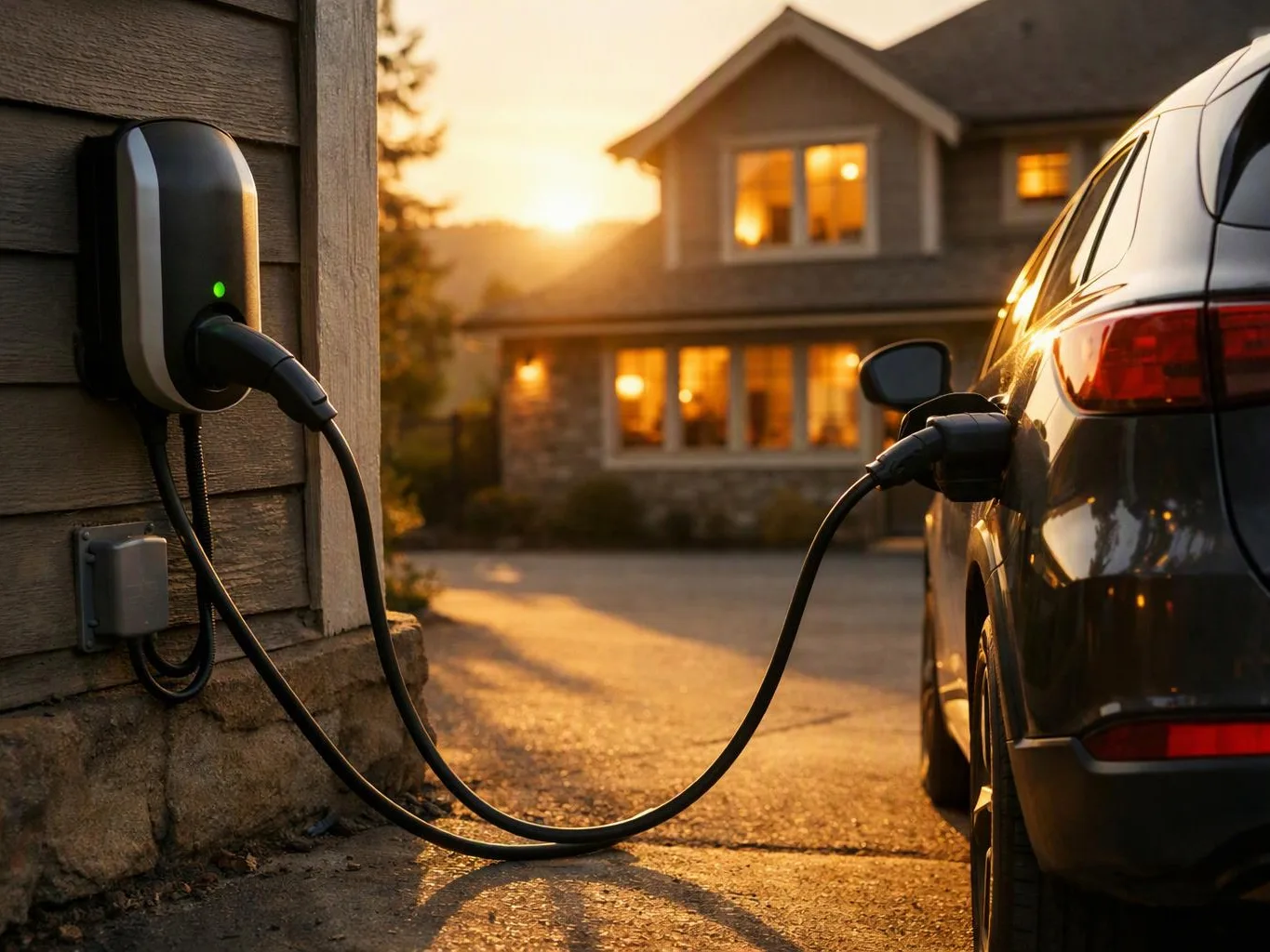 An electric car charges beside a house at sunset, with a wall-mounted charger and glowing windows in back