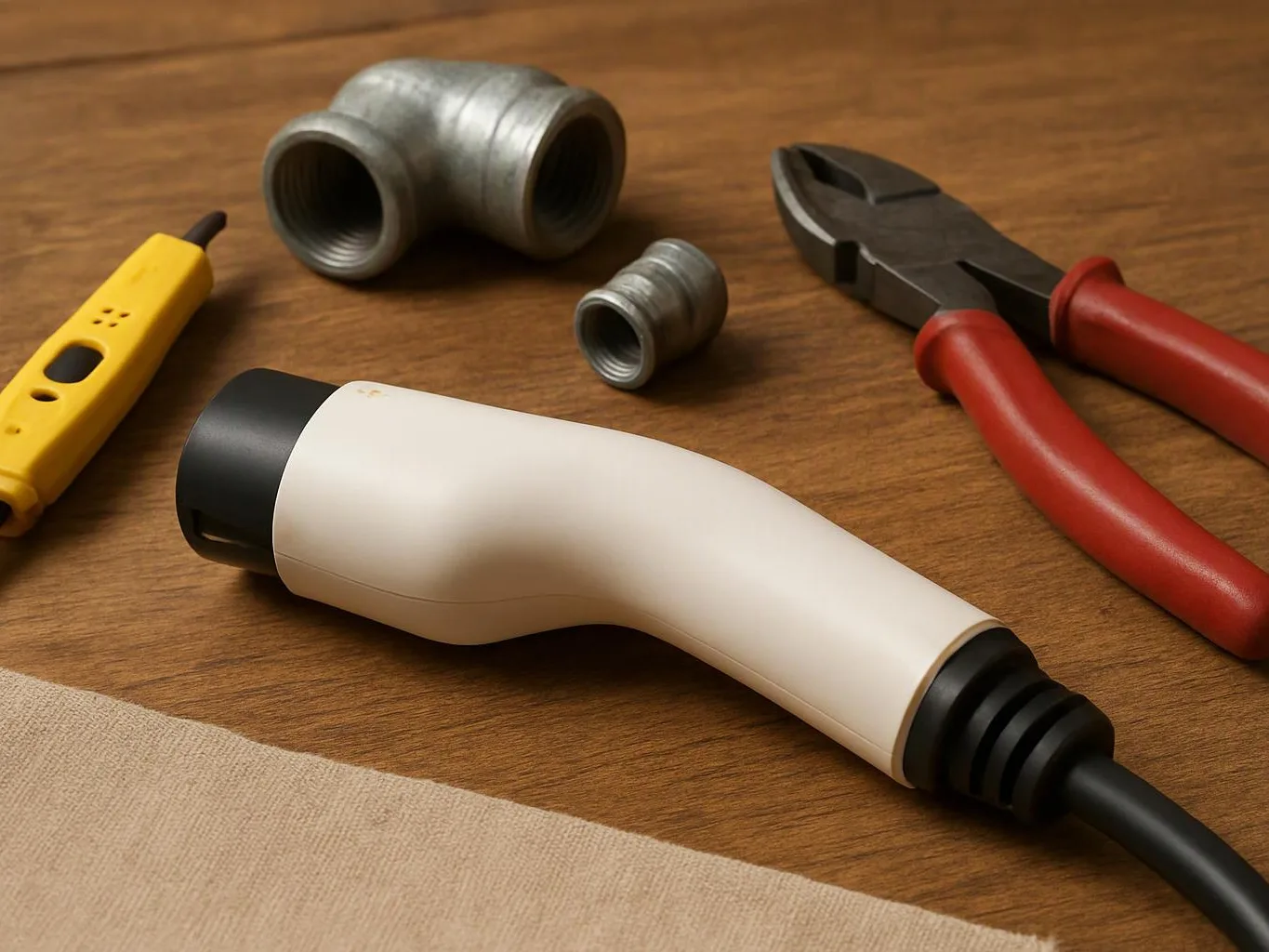An electric car charging plug lies on a wooden table beside pliers, pipe fittings, and a yellow tester tool
