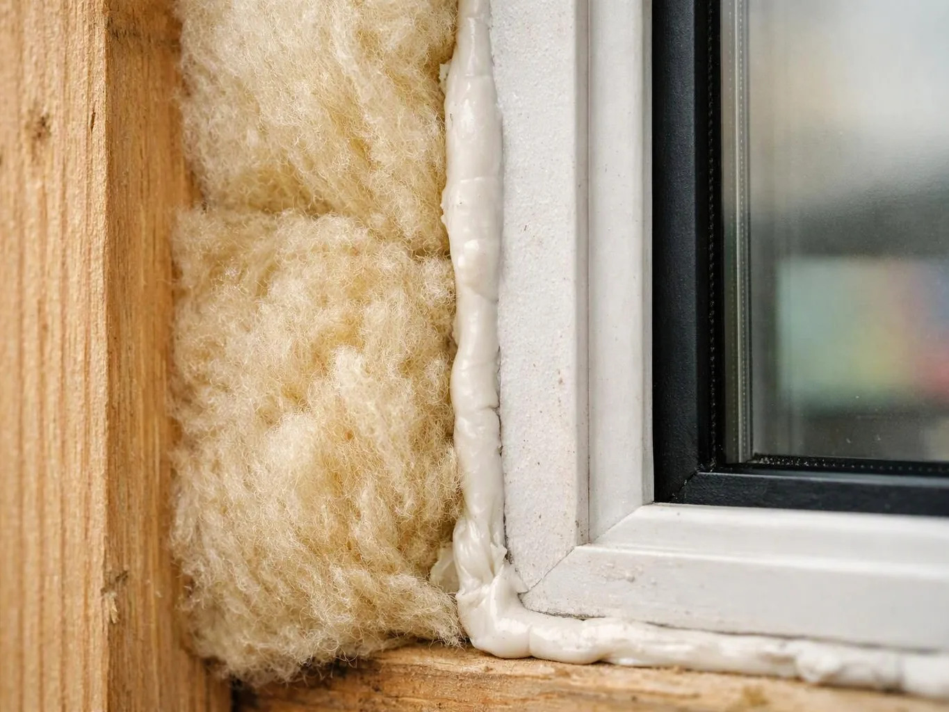 Fiberglass insulation fills a gap beside a white window frame in a wooden wall