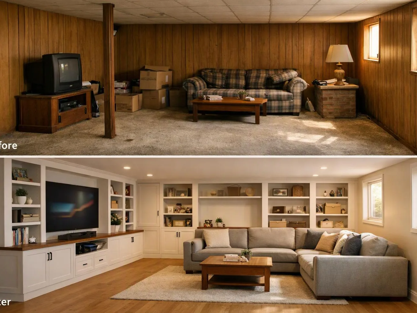 A finished basement living room appears below a cluttered older room with a couch, TV, boxes, and lamp