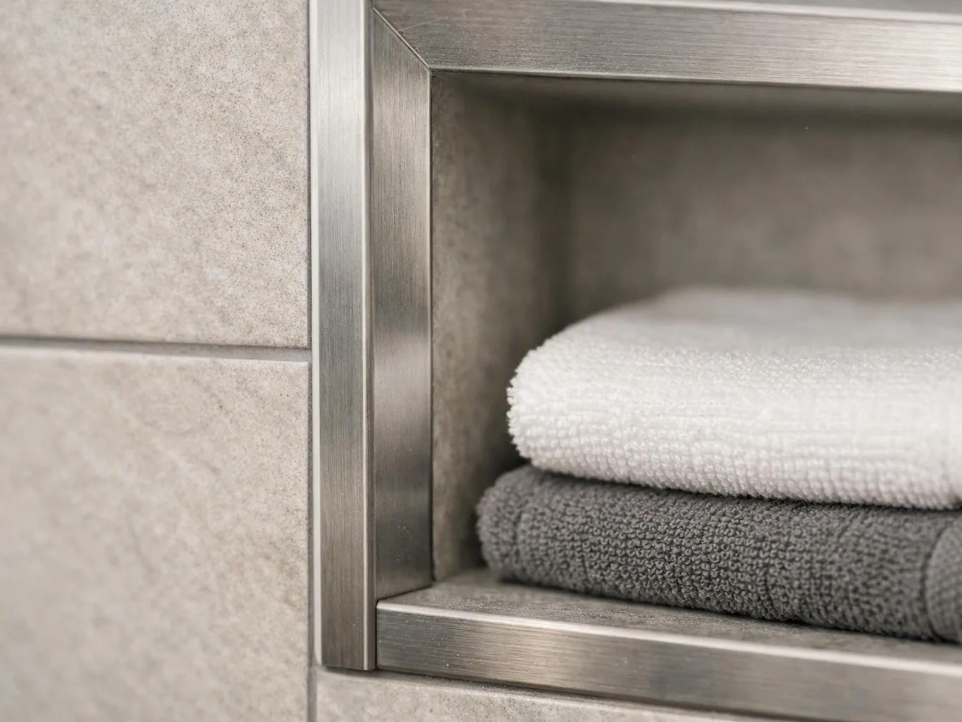 Folded white and gray towels sit on a brushed metal shelf against a tiled wall