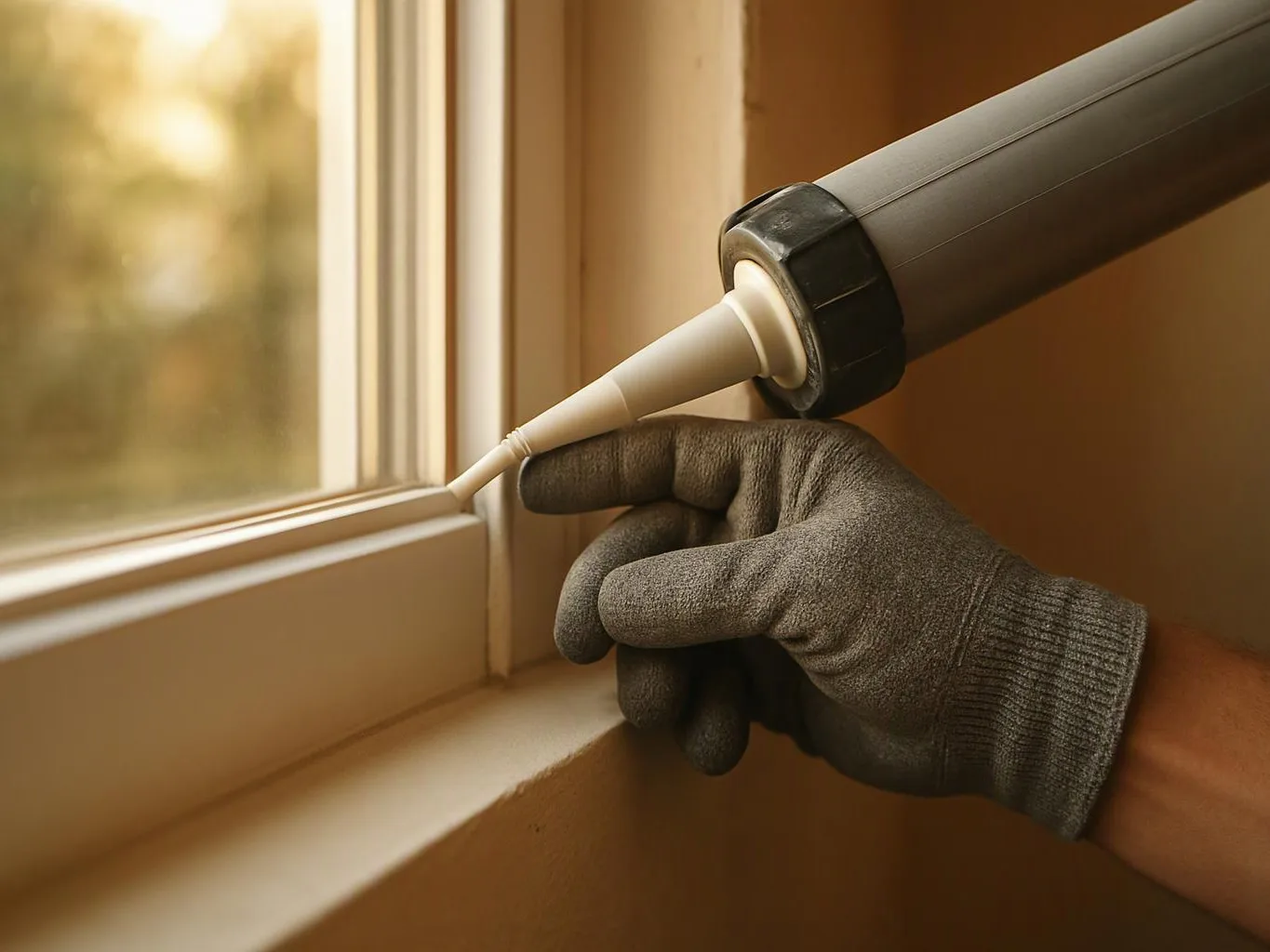 A gloved hand applies sealant to a window corner with a caulking gun